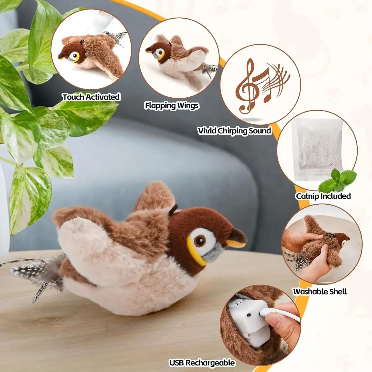 FlutterChirp Cat Toy – Rechargeable Flapping Bird with Catnip &amp; Realistic Sounds